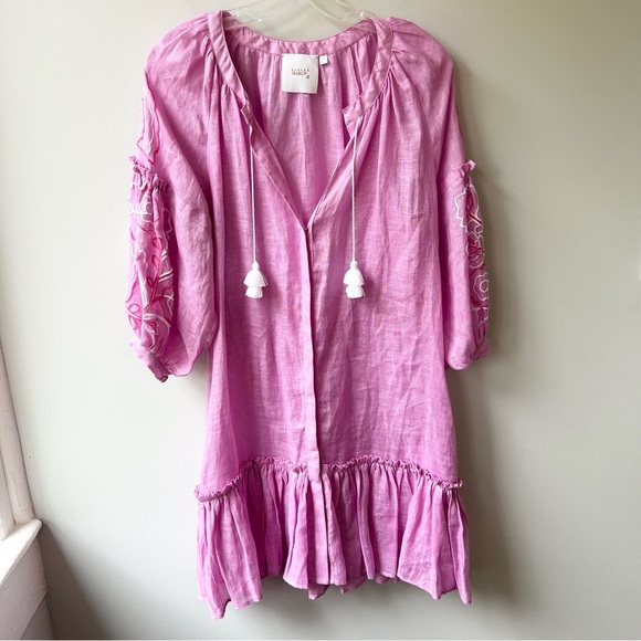 ELEVEN March 11 Pink Linen Embroidered drop waist tassel Tunic Dress - Picture 1 of 12